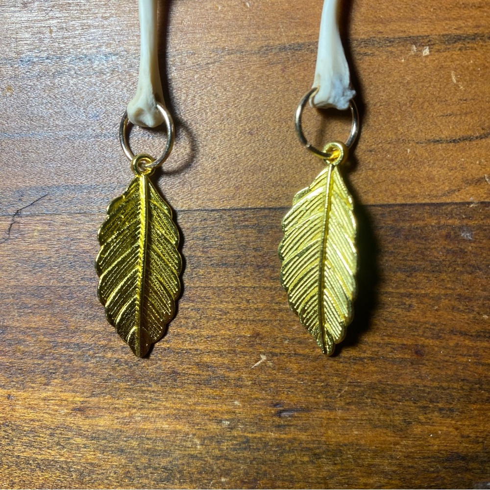 Squirrel Femur Bone Leaf Gold Earrings - Picture 7 of 8